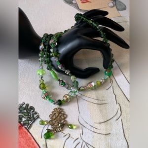 Signed 925 DKD Vintage Green Glass & Crystal Necklace